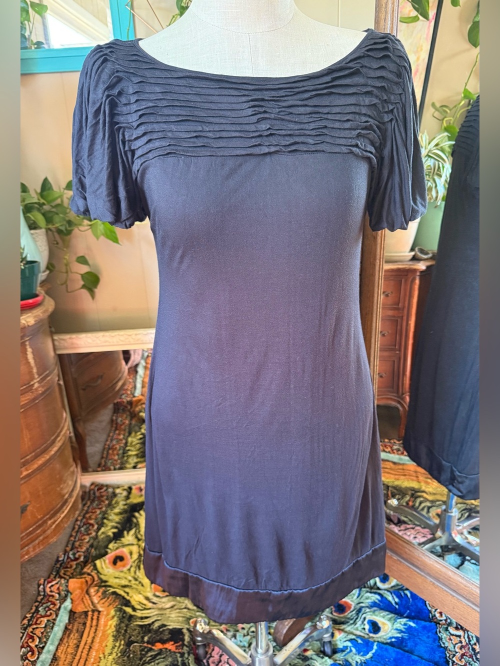 Voile black mini dress, pleated, pockets, size L